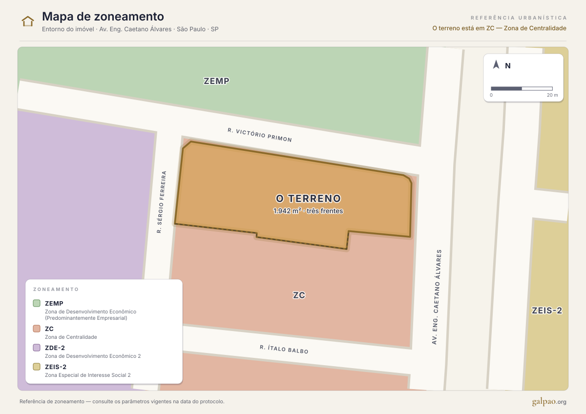 Mapa de zoneamento do entorno, com o terreno destacado