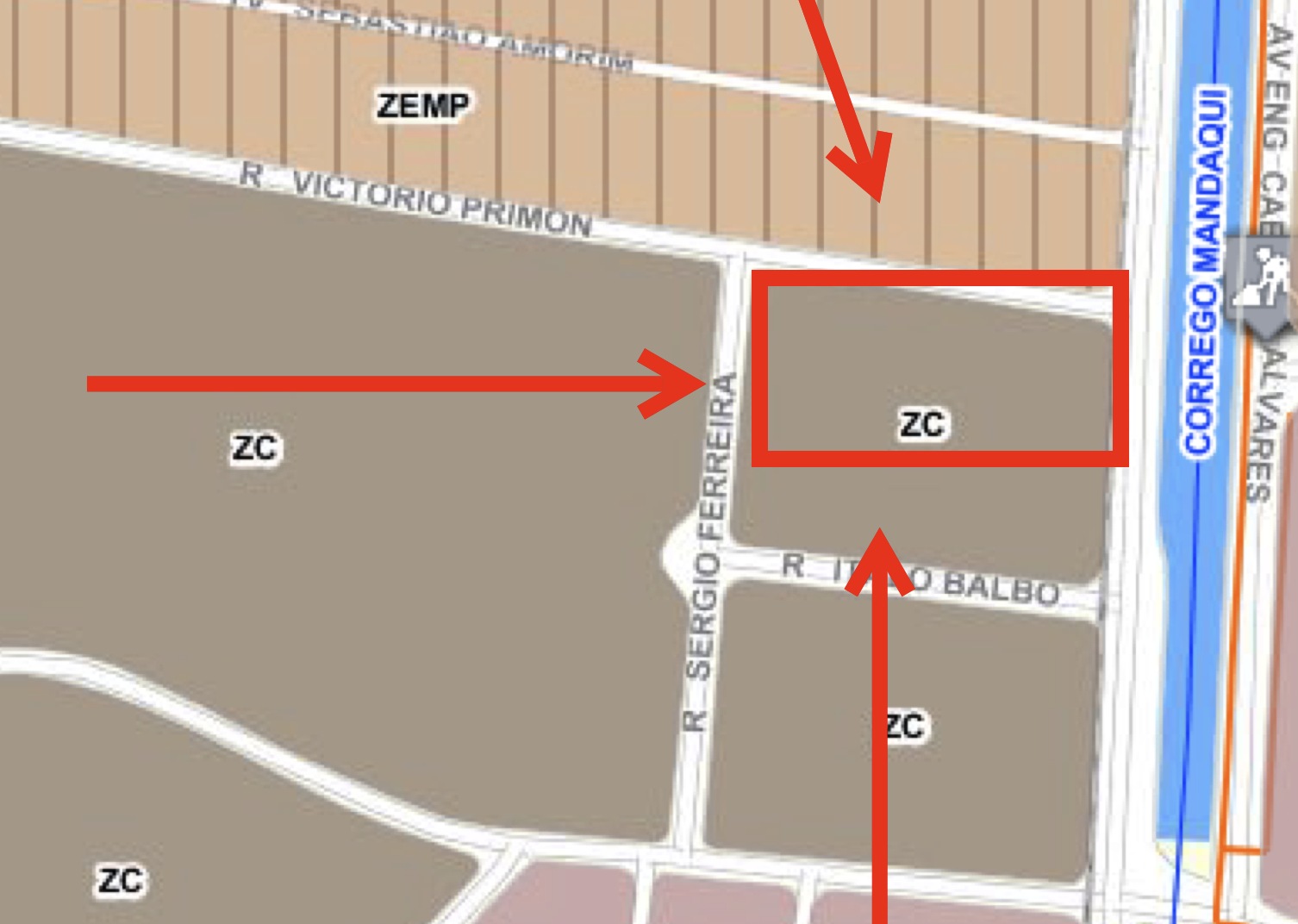 Mapa de zoneamento do bairro destacando o lote do imóvel